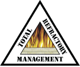 A logo comprised of a black and white triangular border with the words "Total Refractory Management" written around it. Inside the triangle, there is an illustration of a brick wall with flames rising above it.
