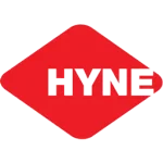 A red diamond-shaped logo with the word "HYNE" written in bold, uppercase letters. The letters are white with a black shadow effect, creating a 3D appearance. The background of the logo is solid red.