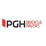 Logo of PGH Bricks & Pavers featuring the letters PGH in black, followed by the words "Bricks & Pavers" in red, stacked text. A red vertical brick icon is to the left of the letters PGH.