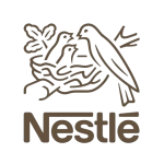 Nestlé logo featuring an illustration of two birds in a nest being fed by an adult bird perched on a branch. Below the illustration, the word "Nestlé" is written in a stylized font.