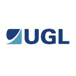 Logo of UGL, an Australian engineering company. The design features the letters "UGL" in bold, dark blue font, with a curved, split-color shape to the left of the text, combining dark blue and light blue to form an abstract, triangular figure.
