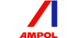 The image shows the Ampol logo. The logo consists of an abstract design resembling an angled letter "A" with a red diagonal line on the left and a blue diagonal line on the right. Below the design, the word "AMPOL" is written in bold red capital letters.