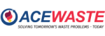 Logo of Ace Waste featuring a circular icon with red and orange gradient segments on the left, followed by the text "ACEWASTE" in uppercase letters with "ACE" in blue and "WASTE" in red. Below, the tagline reads "Solving Tomorrow's Waste Problems - Today".