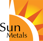 A logo featuring an orange sun with red rays extending from it. The text reads "Sun Metals" in black, partly overlaid on the sun image. The design has a warm and vibrant feel, with the sun's rays creating a sense of energy and brightness.